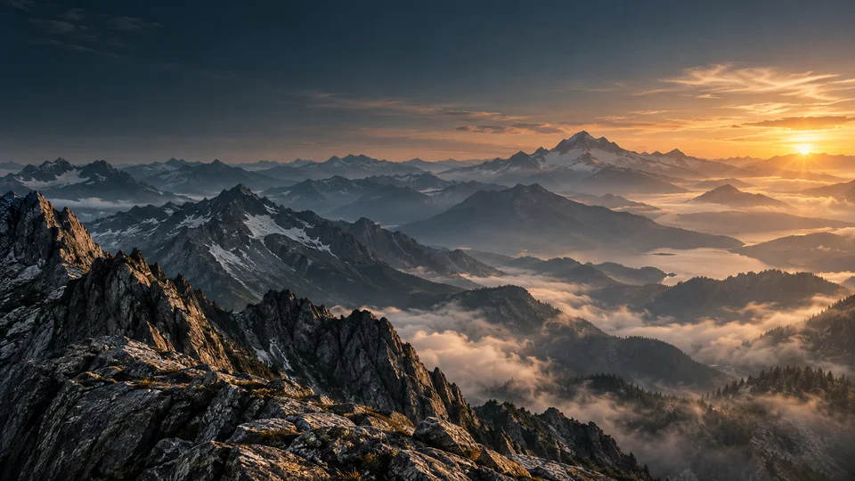 Illustrative alpine ridgelines at sunrise